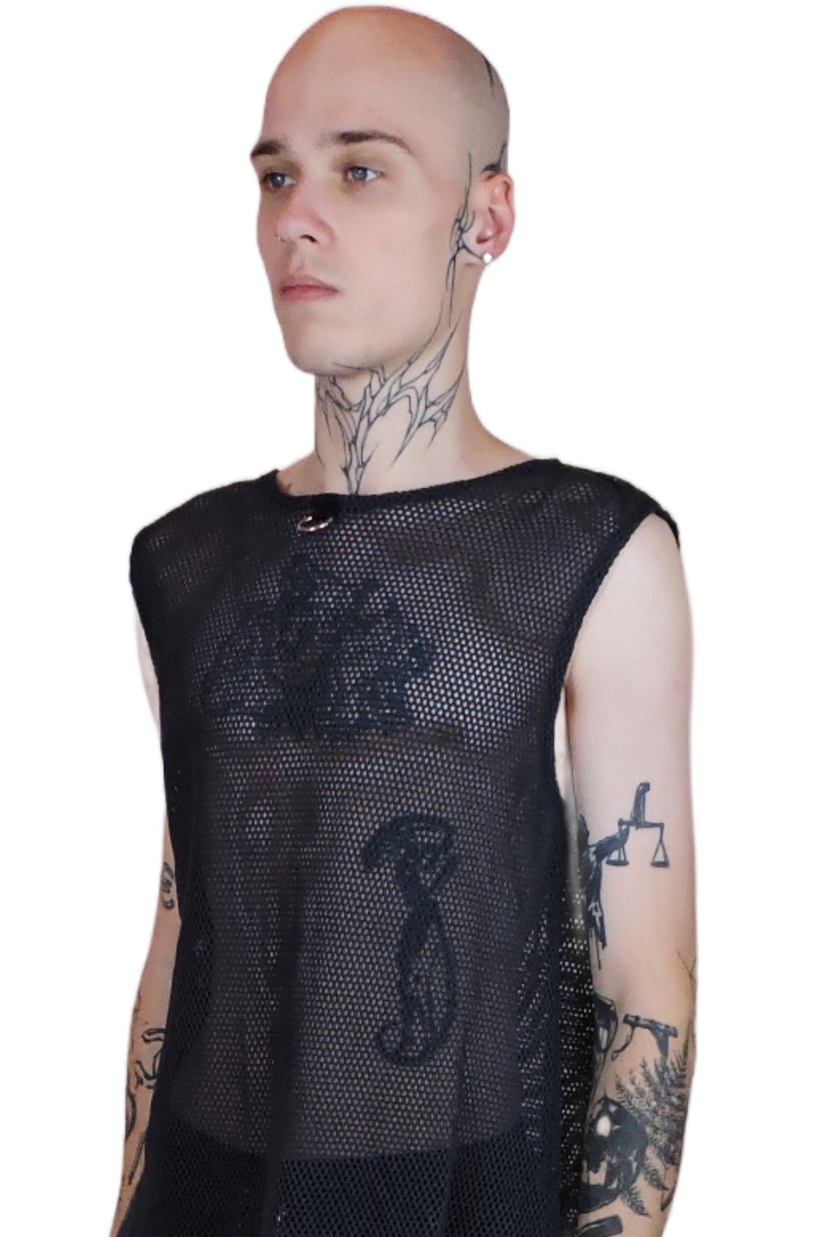 Men's black organic cotton net top featuring a bold silver ring accent at the front, blending edgy style with sustainable design. Close up.