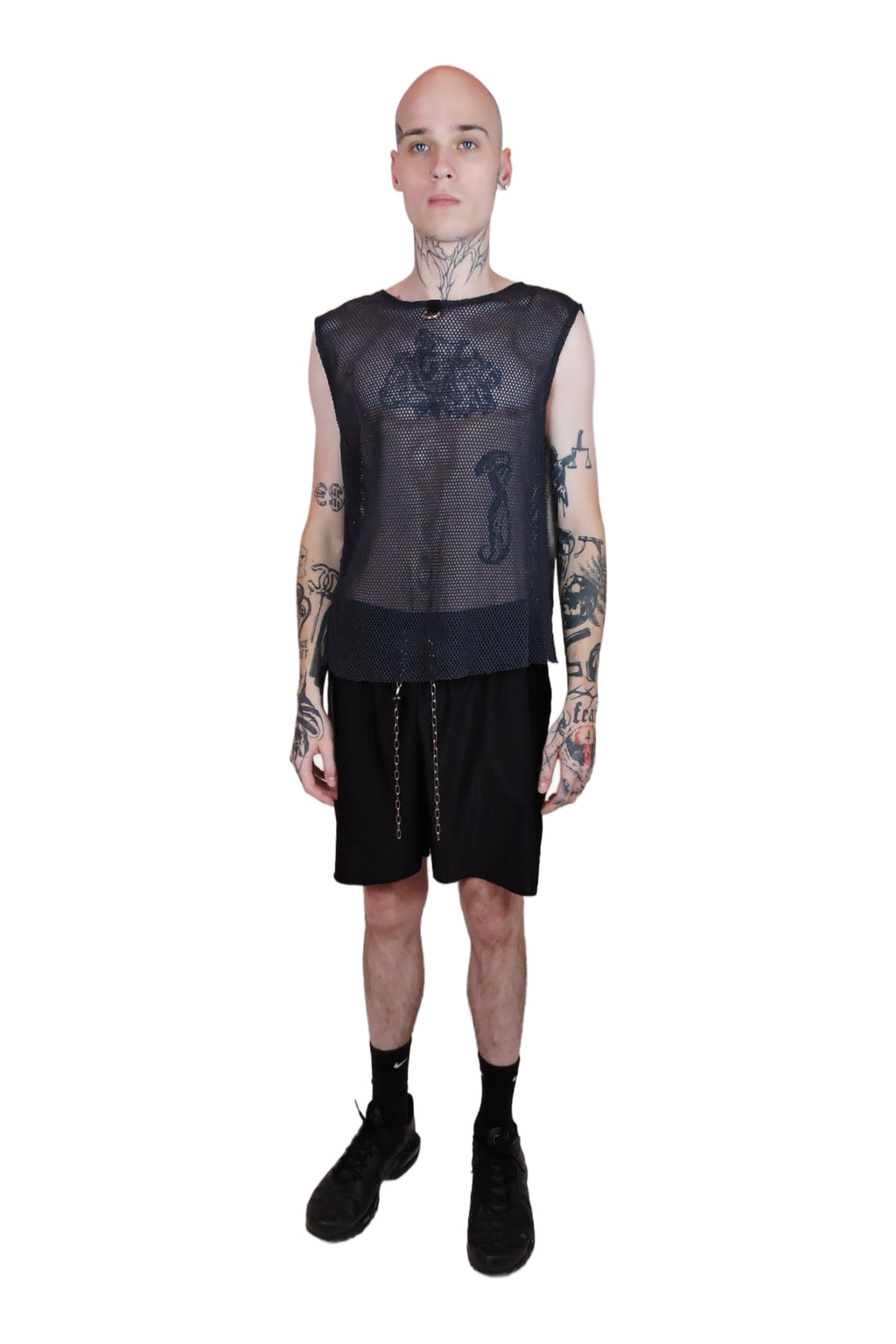 Men's black organic cotton net top featuring a bold silver ring accent at the front, blending edgy style with sustainable design.