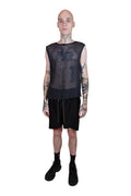 Men's black organic cotton net top featuring a bold silver ring accent at the front, blending edgy style with sustainable design.