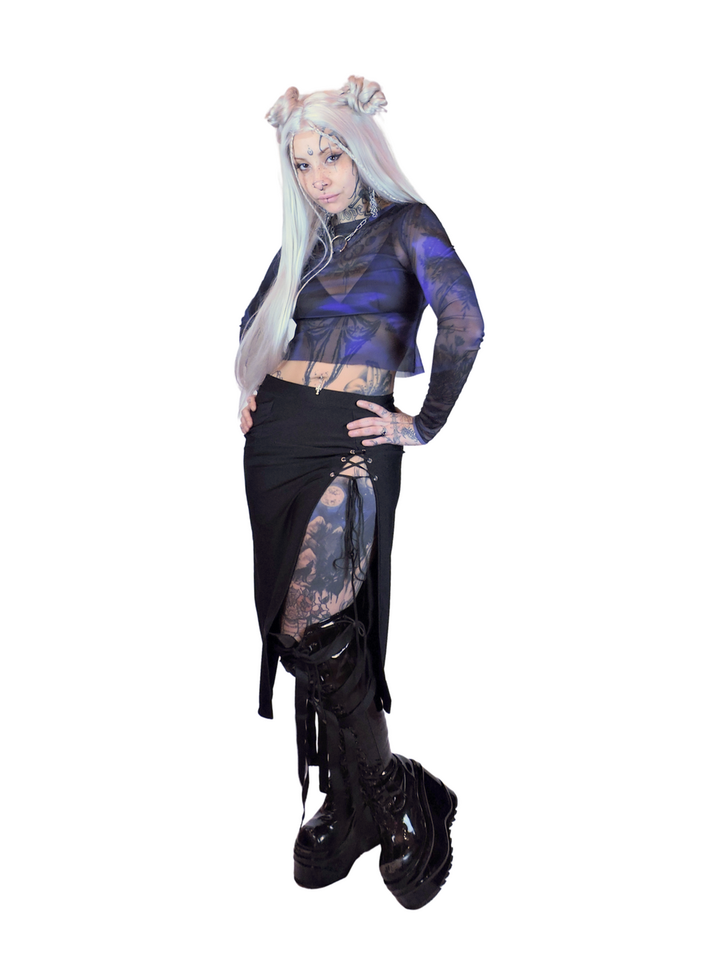 Women's blue and black sheer mesh shirt with long sleeves, ideal for alternative fashion and Berlin clubwear.