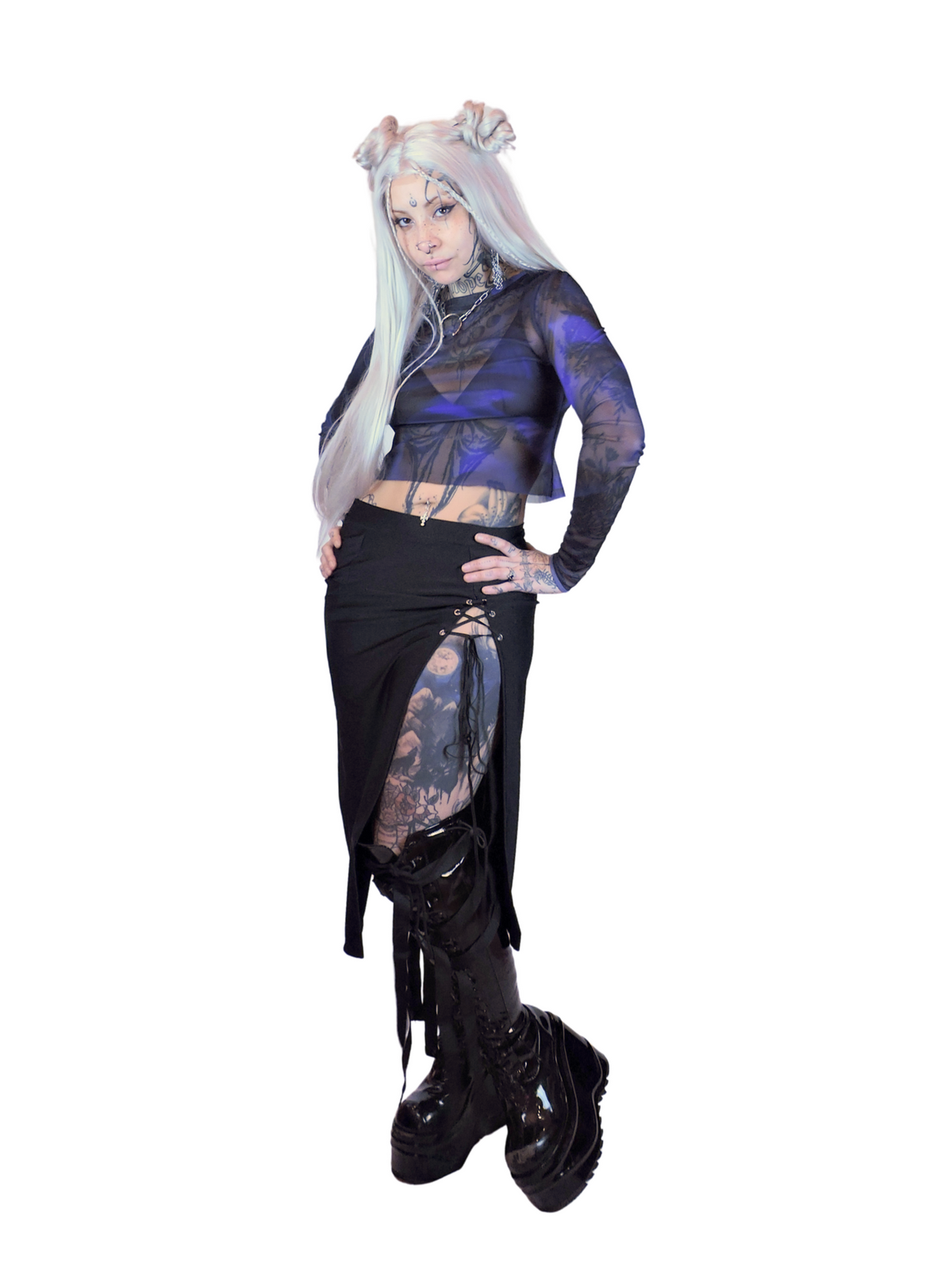 Women's blue and black sheer mesh shirt with long sleeves, ideal for alternative fashion and Berlin clubwear.