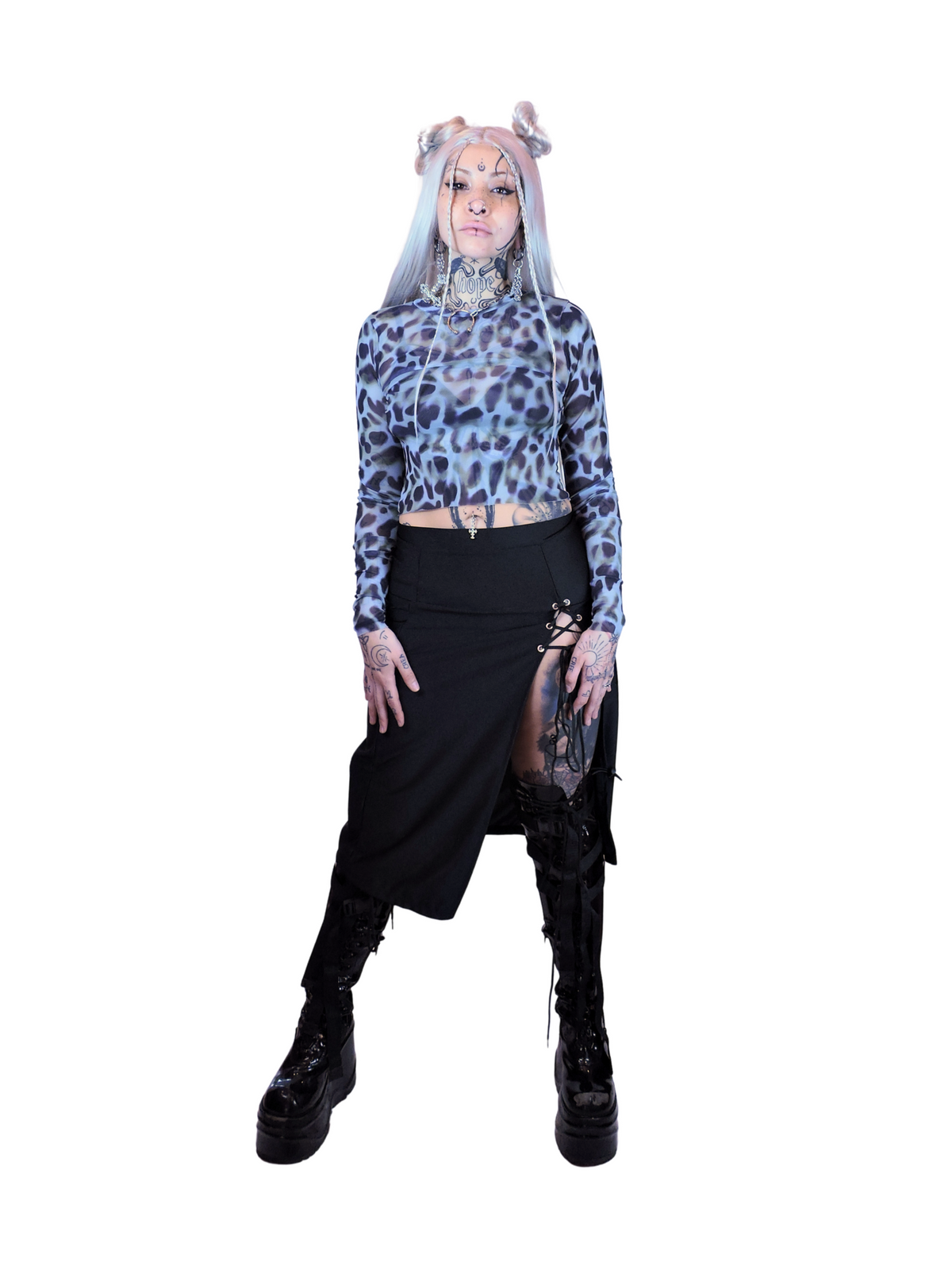 Women's sheer green and blue animal print mesh top with long sleeves, perfect for alternative fashion and clubwear.