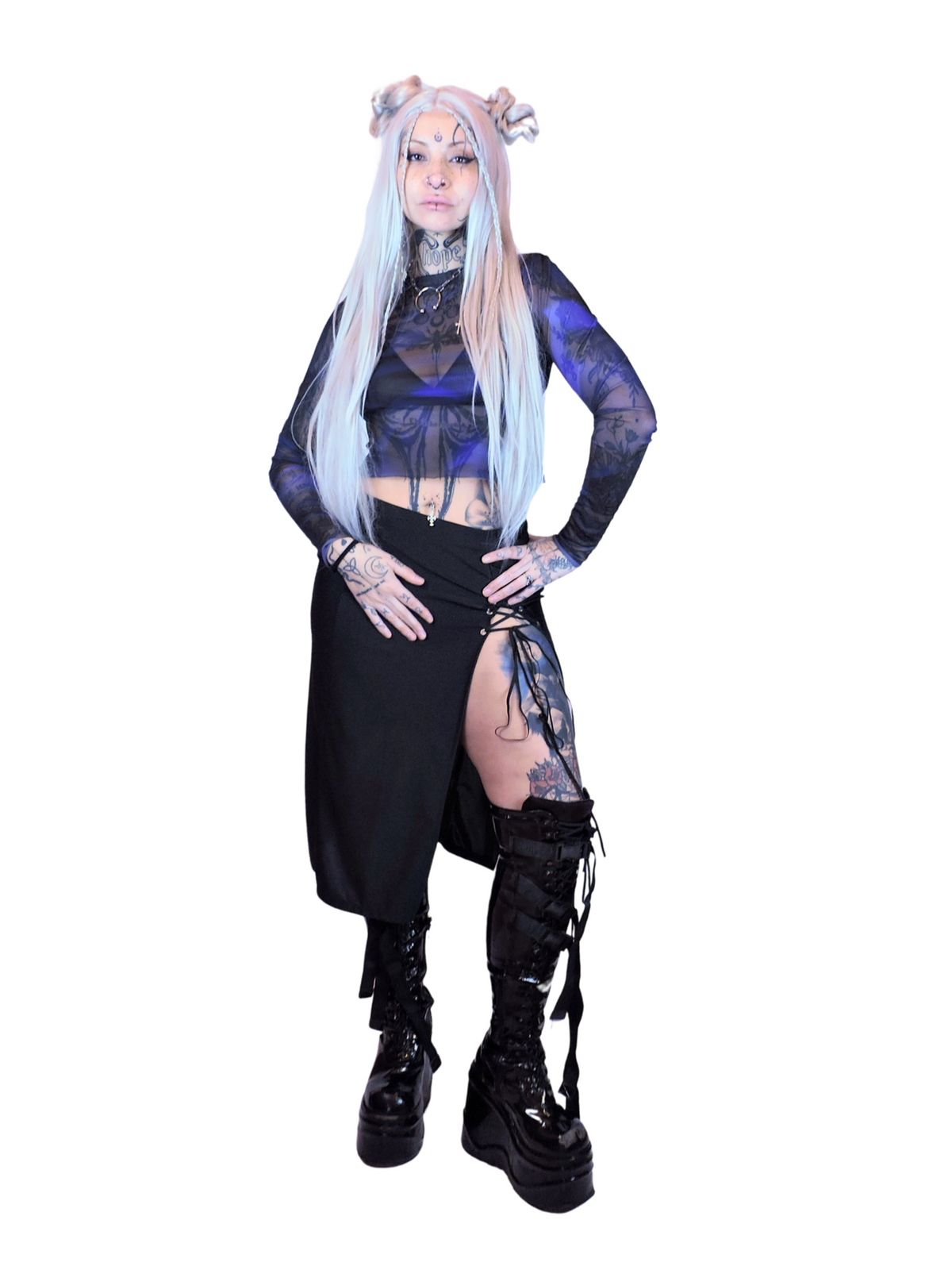 Blue and black semi-sheer mesh long sleeve top by IVY Berlin.