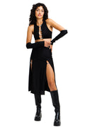 Black cropped top with silver carabiner closures.