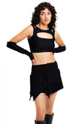Layered black top with matching sleeves for raves.