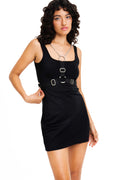 Black harness with silver hardware and chain straps.