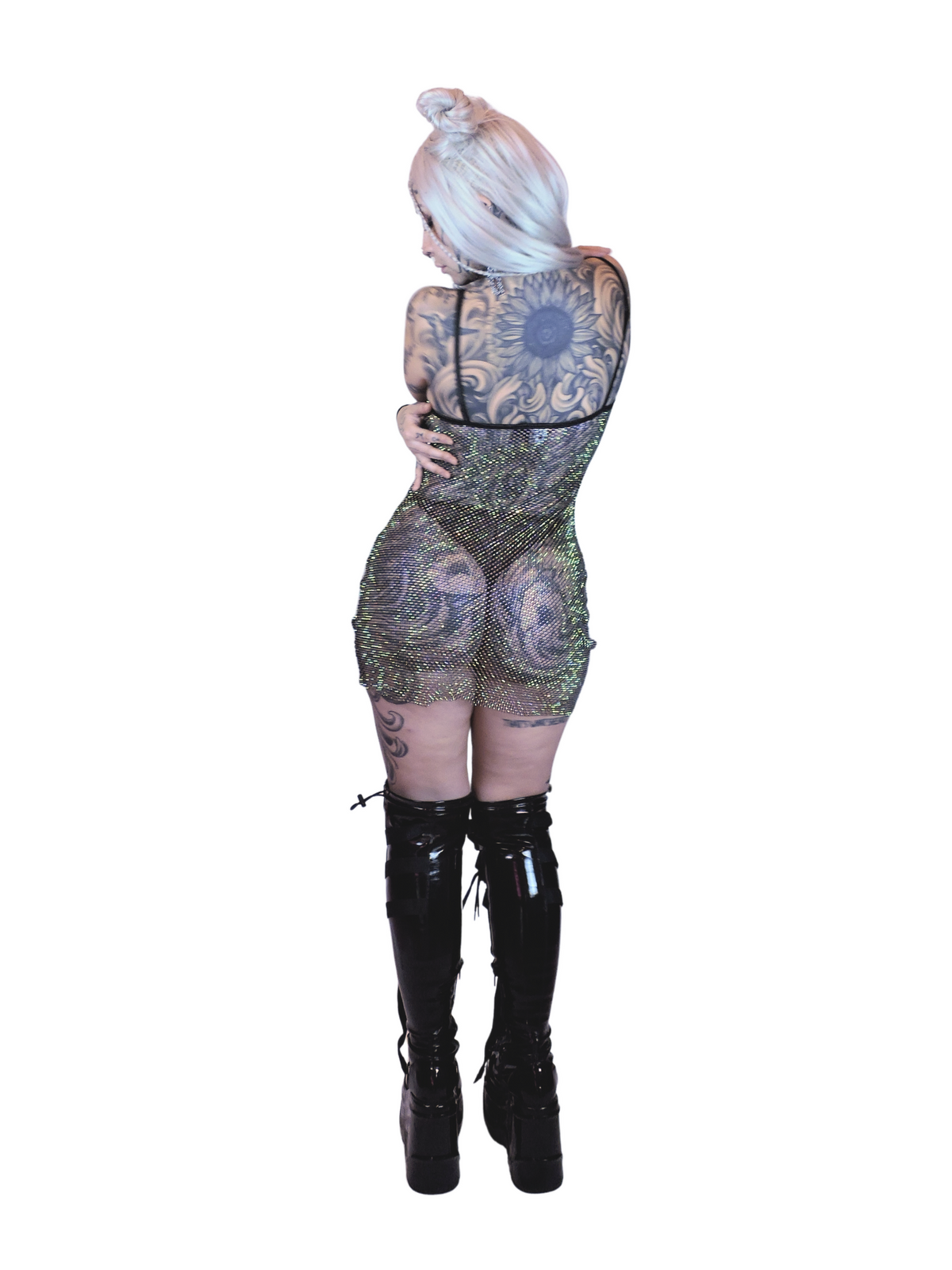 Women's see-through rhinestone mini dress with shimmering embellishments, perfect for techno nights, clubwear, and festivals.