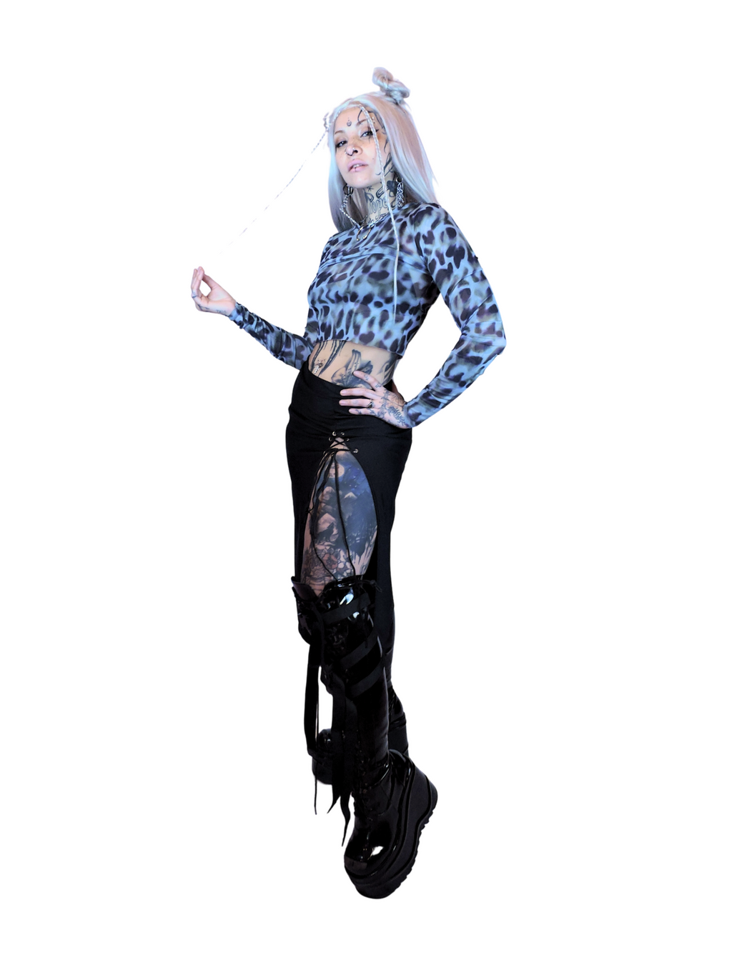 Green and blue sheer leopard print long sleeve shirt for Y2K fashion, alternative streetwear, and festival outfits.