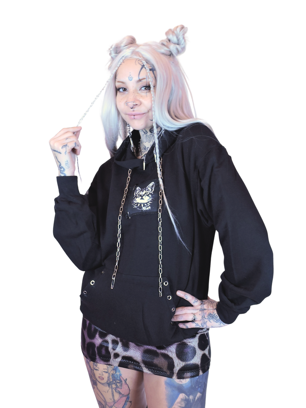 Black relaxed-fit sweatshirt with punk cat artwork, chain drawstrings, and metal eyelets, styled for an edgy Y2K outfit.
