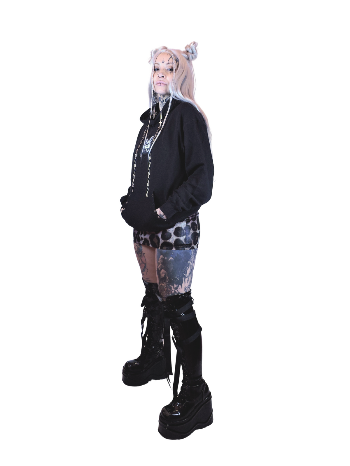Black baggy sweatshirt with a punk kitty patch, chain drawstrings, and metal eyelet details by IVY Berlin.