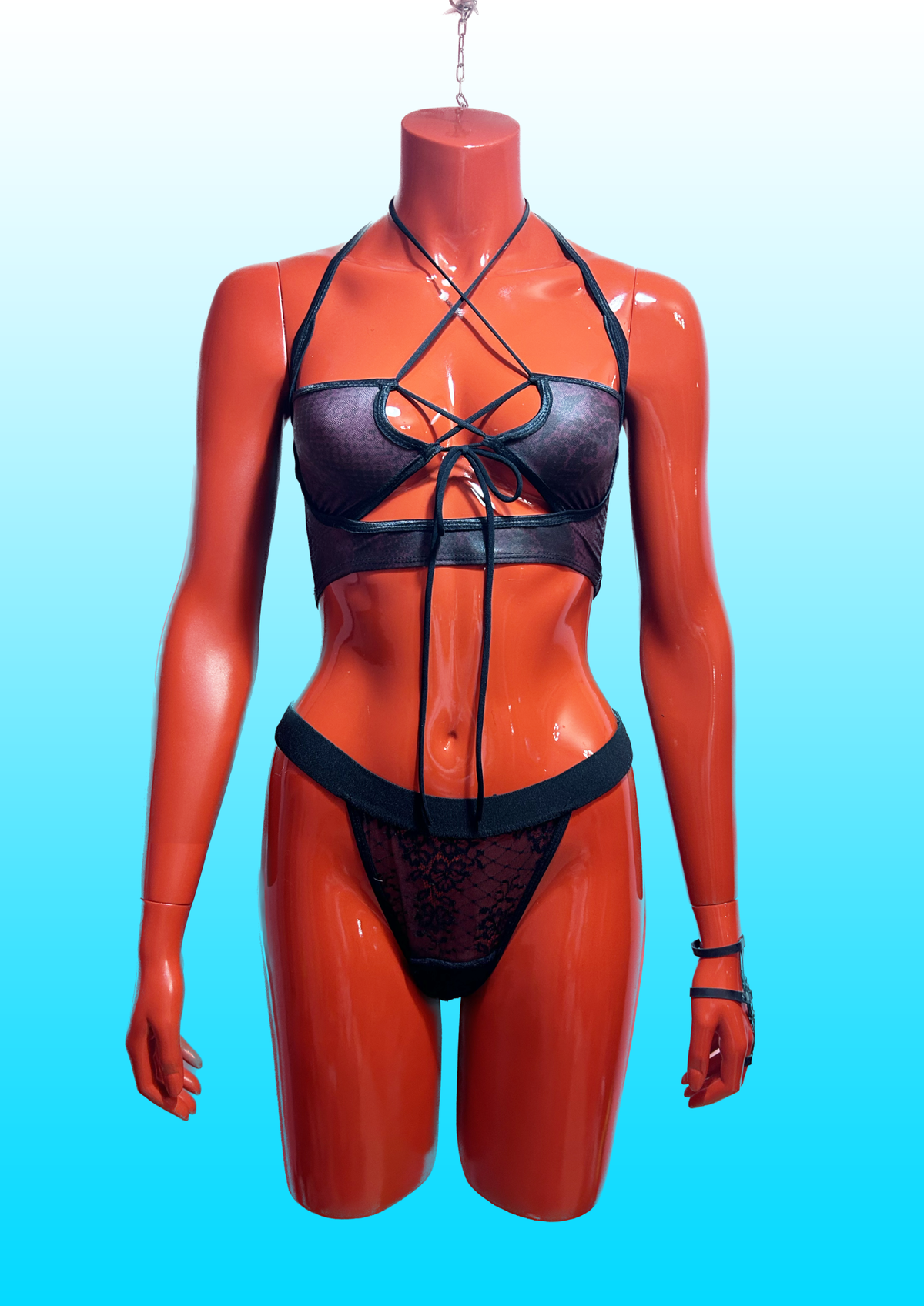 Strappy tie on top in purple snake fabric.