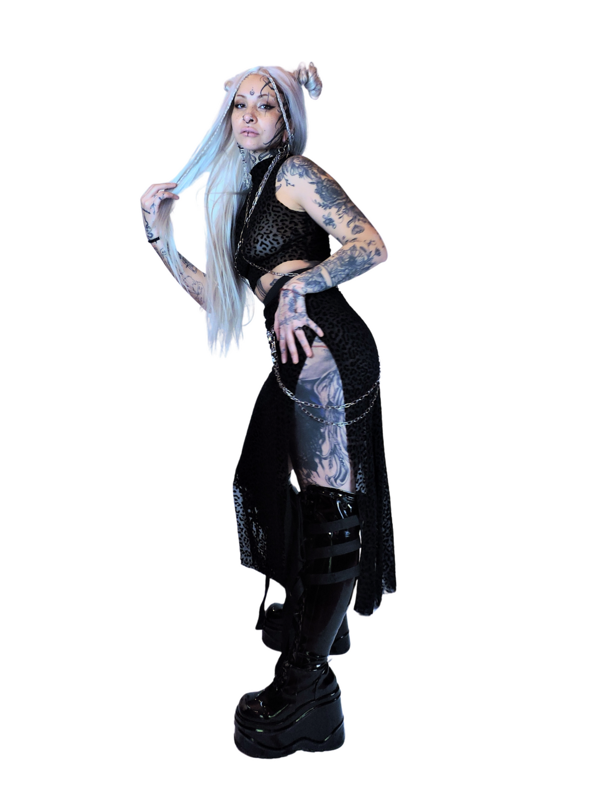 Women's black transparent mesh top featuring a textured velvet leopard print, perfect for alternative fashion and clubwear.