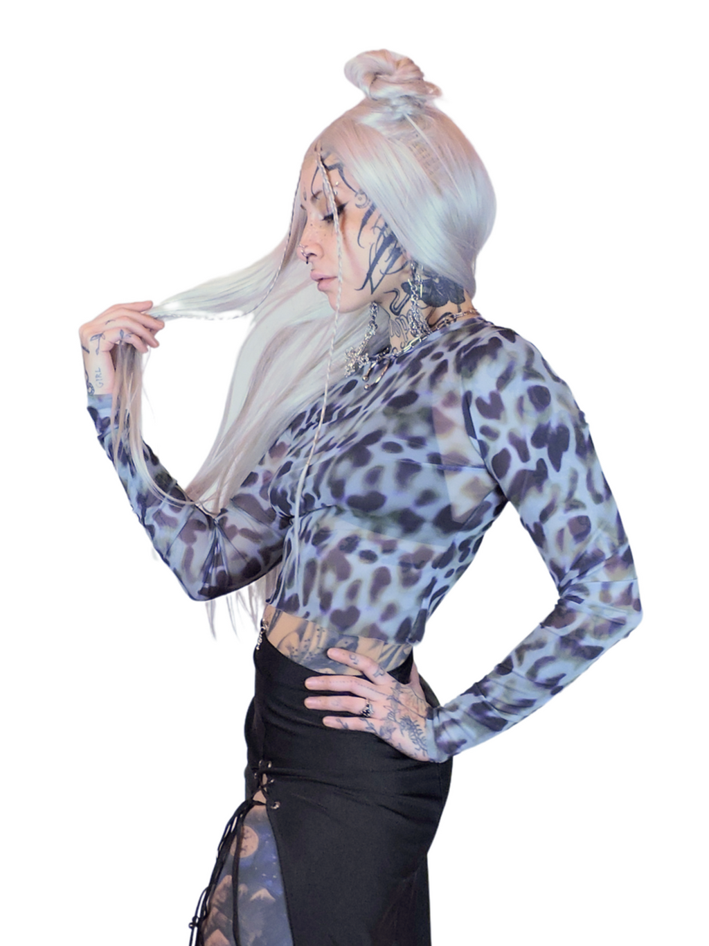 Green and blue leopard print mesh long sleeve top by IVY Berlin.