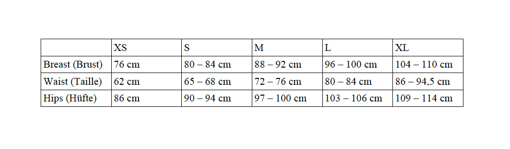 Table with sizing. 