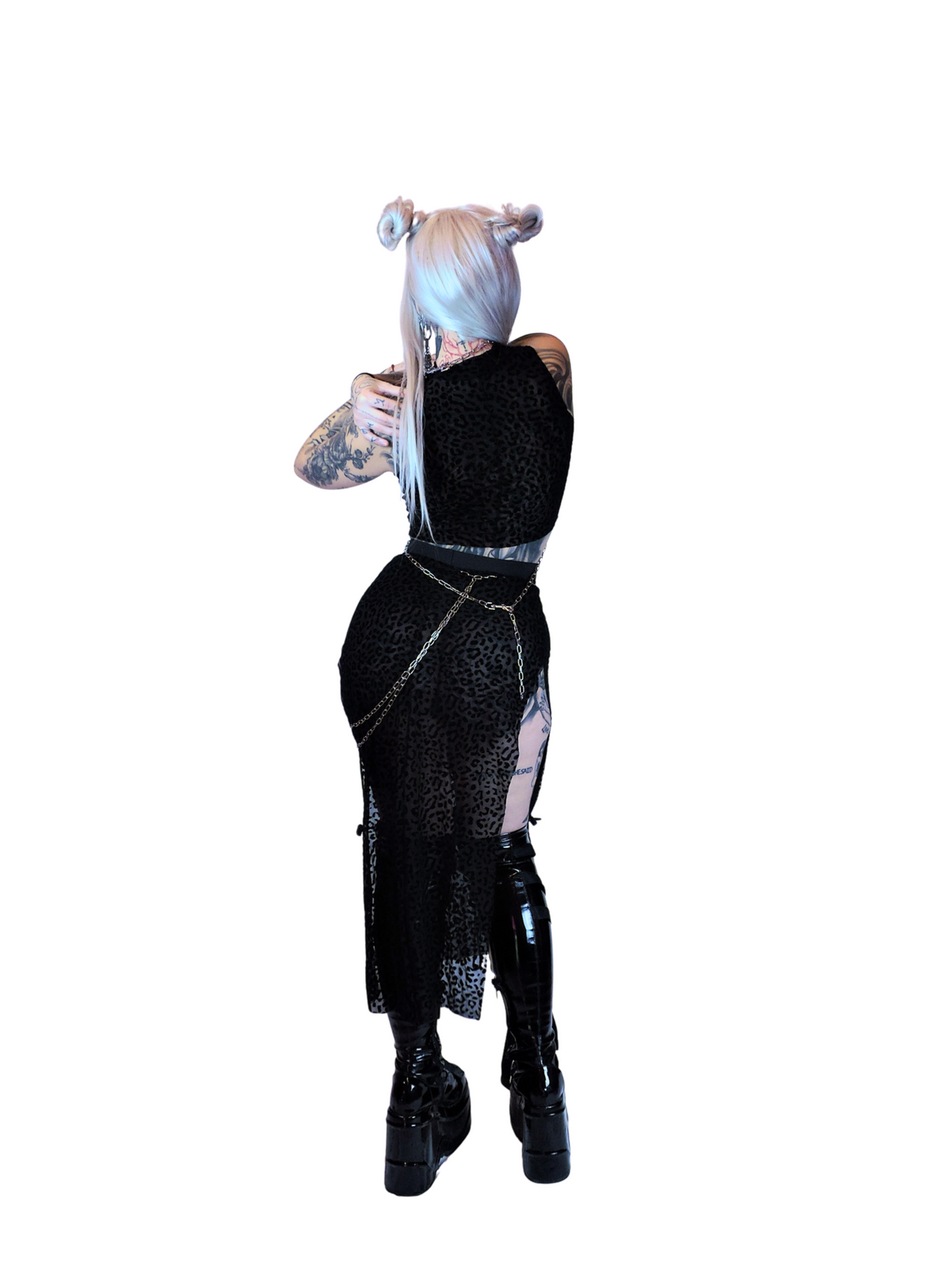 Black animal print long sleeve mesh top with raised velvet flocking, styled for an edgy Berlin nightlife outfit.