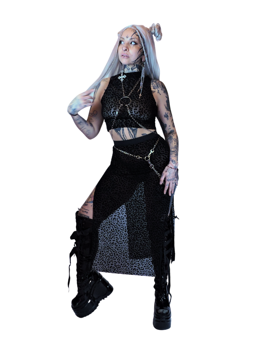 Sheer black leopard print top with velvet texture for Y2K fashion, techno outfits, alternative streetwear, and festival looks.