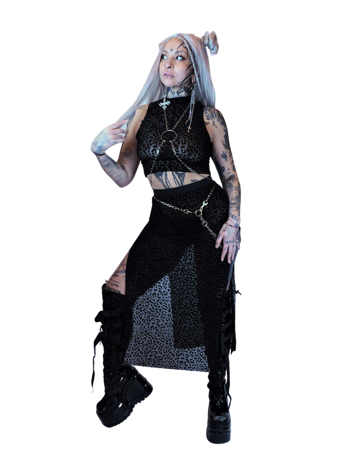 Sheer black leopard print top with velvet texture for Y2K fashion, techno outfits, alternative streetwear, and festival looks.