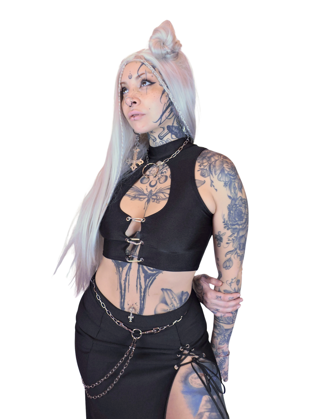 Black stretchy cut-out crop top with silver carabiner closures at the front by IVY Berlin.