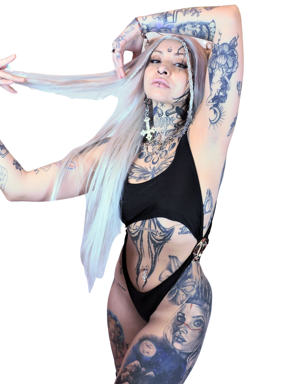 Black statement bodysuit with silver detailing styled for an edgy Berlin nightlife outfit.