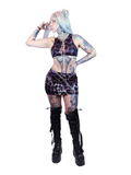 Women's purple animal print crop top featuring edgy carabiner fastenings, designed for alternative fashion and clubwear.