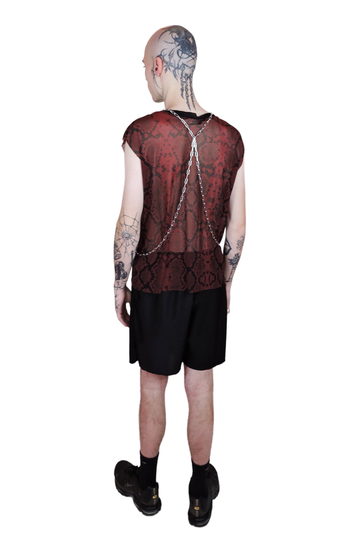 Men's red snake mesh tank top featuring a bold reptilian pattern, designed for a breathable and edgy look