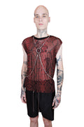 Close up of men's red snake mesh tank top featuring a bold reptilian pattern, designed for a breathable and edgy look