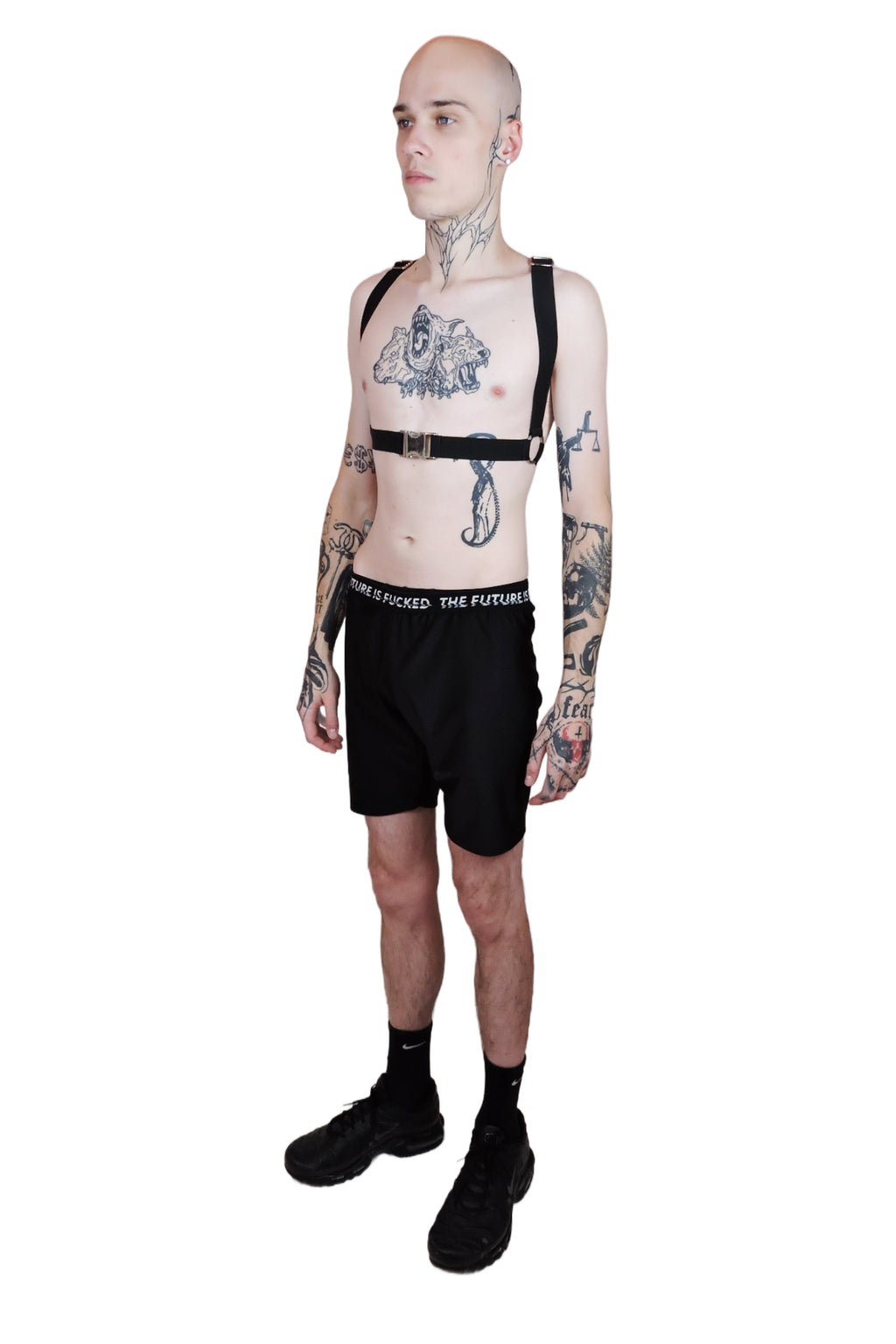 Men's black bike shorts with a stretchy waistband featuring the bold phrase 'The Future is Fucked' for a rebellious, statement-making look.
