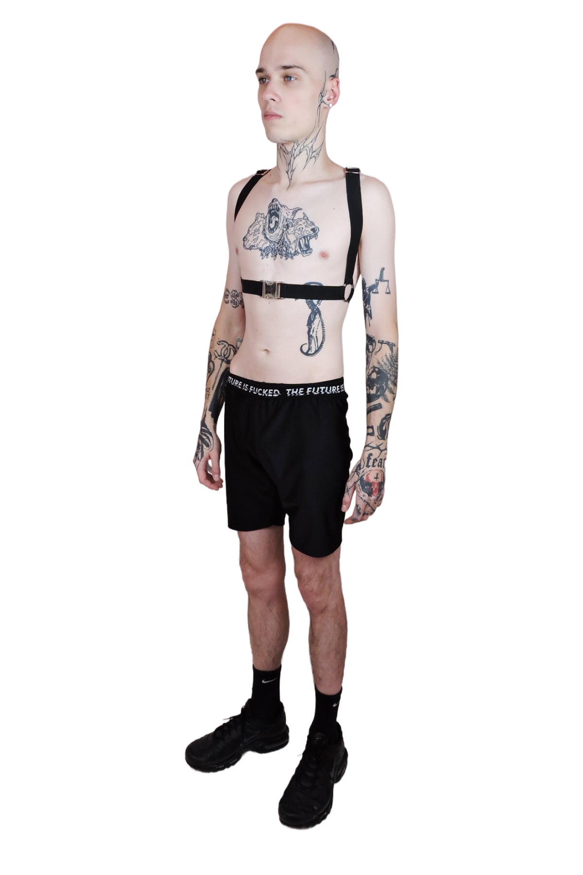 Men's black bike shorts with a stretchy waistband featuring the bold phrase 'The Future is Fucked' for a rebellious, statement-making look.