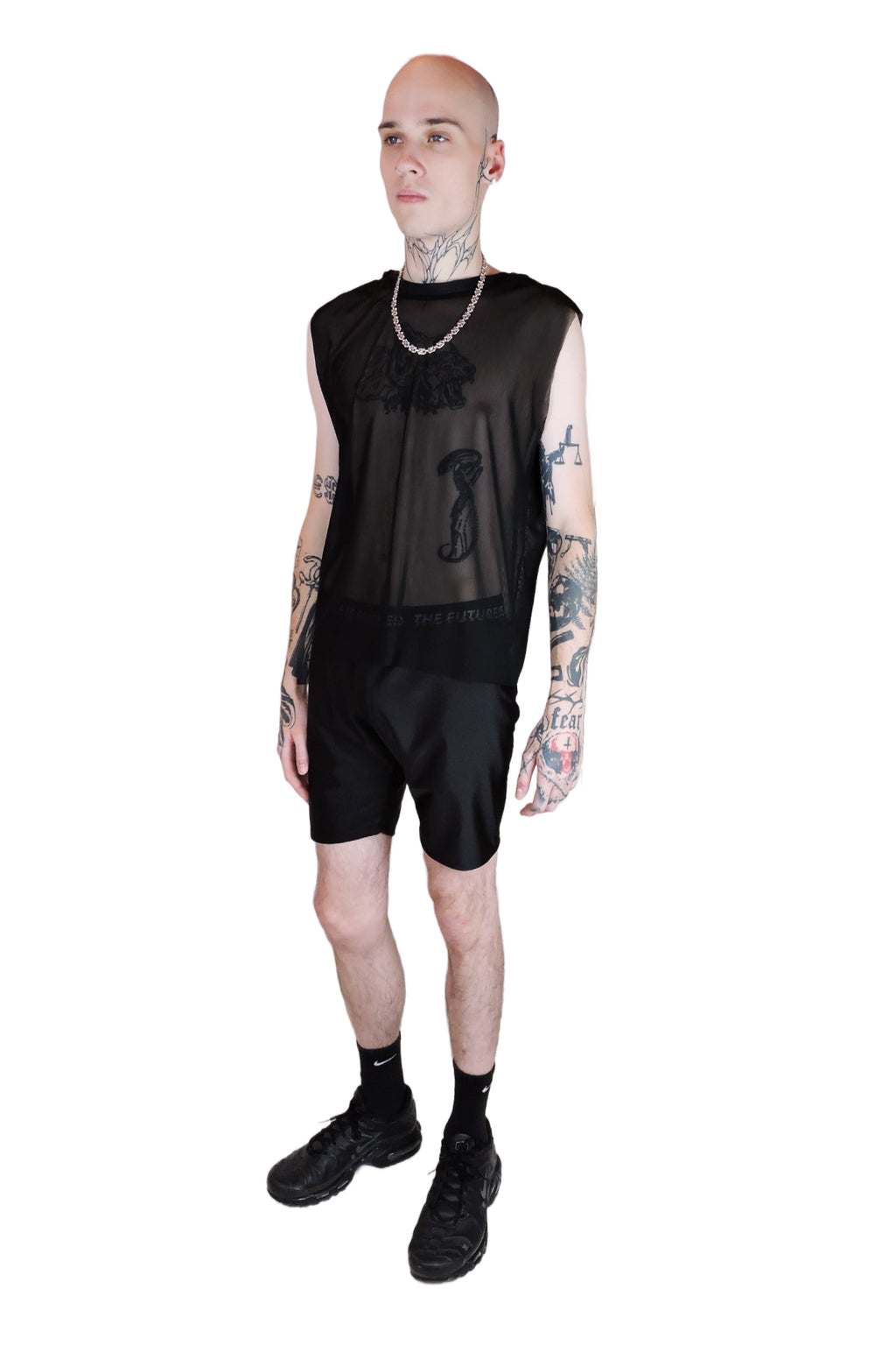 Men's black bike shorts with a stretchy waistband featuring the bold phrase 'The Future is Fucked' for a rebellious, statement-making look. Shown from the front.
