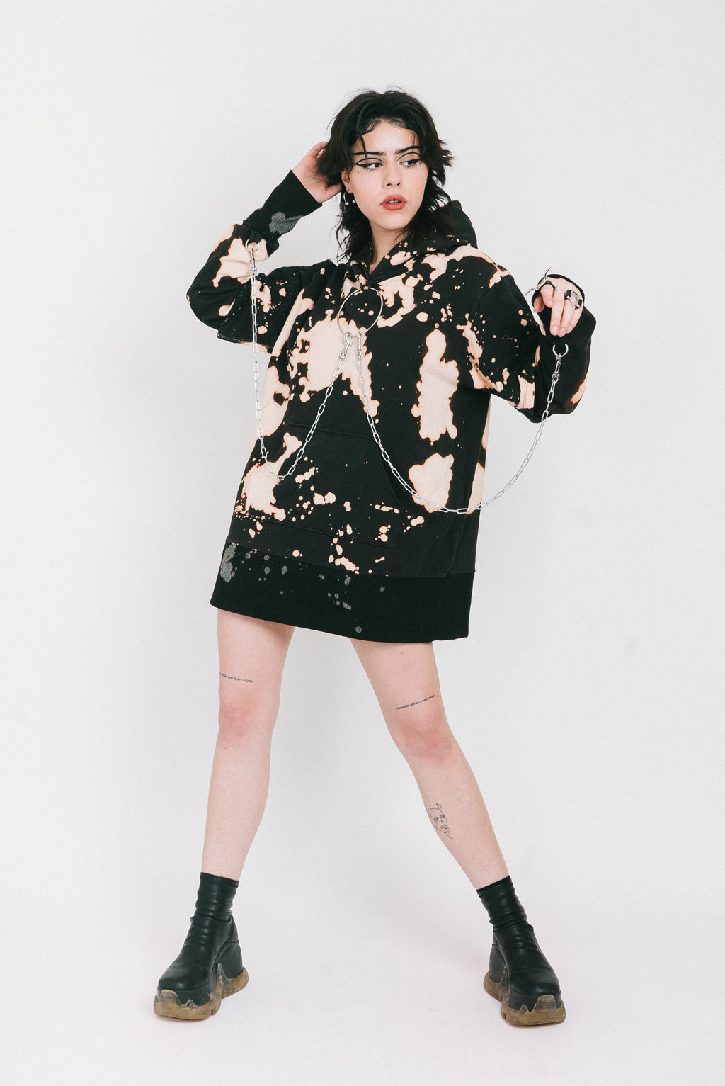 Black bleached hoodie with silver chains and a o-ring detail.