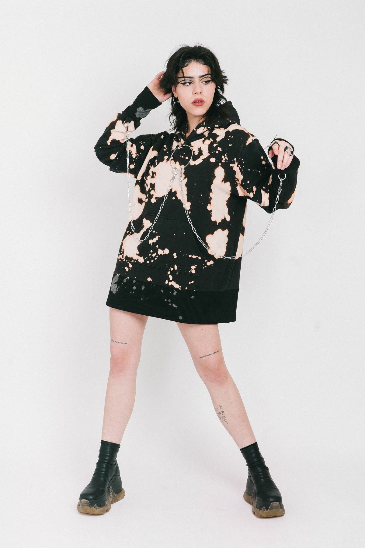 Black bleached hoodie with silver chains and a o-ring detail.