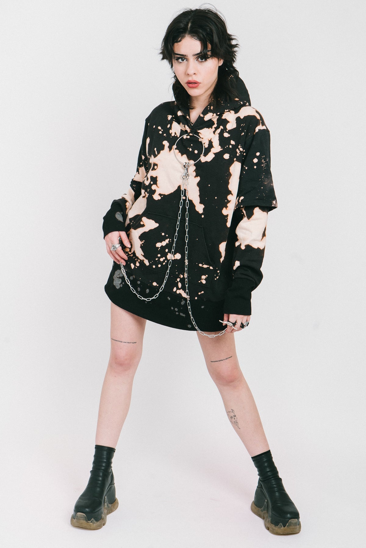 Black bleached hoodie with silver chains and a o-ring detail.