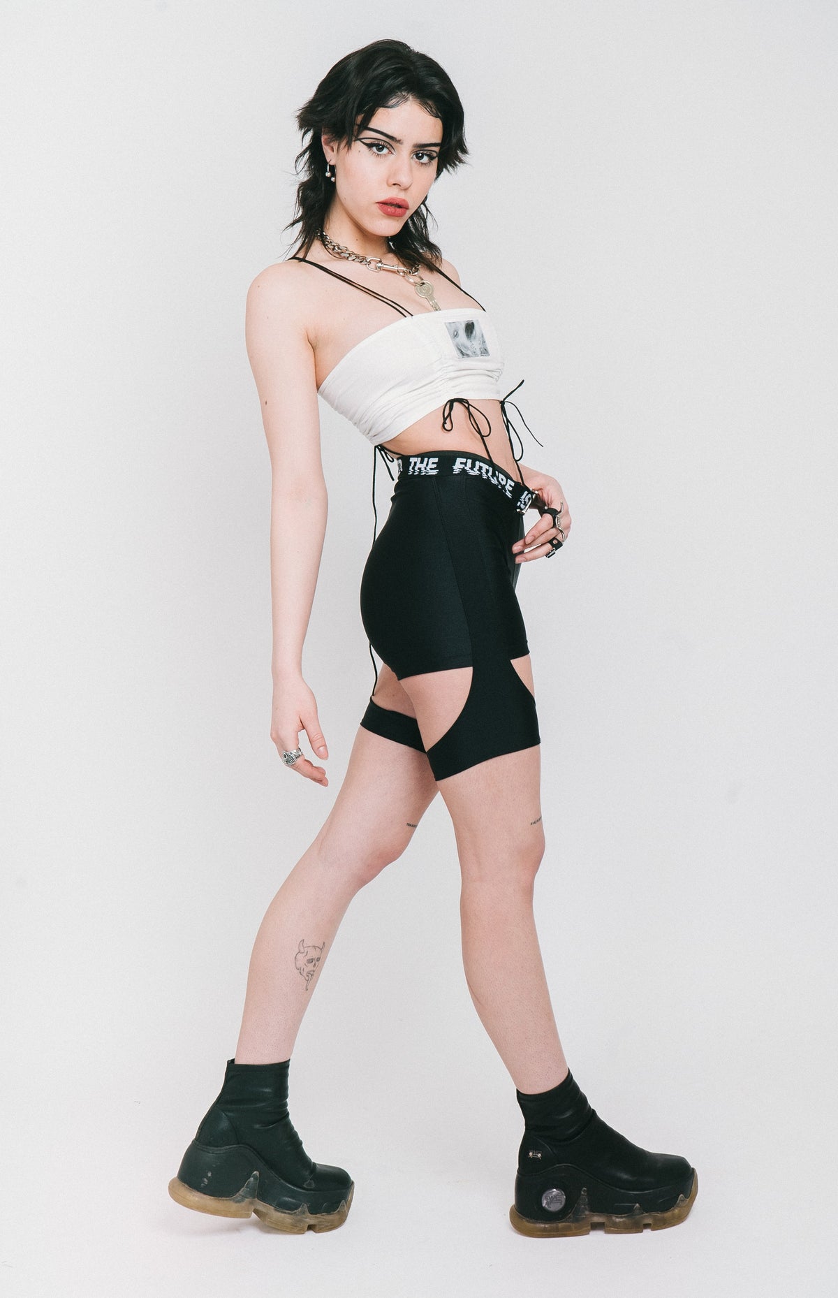Layered strappy shorts in the "Lara Croft" style made out of black fabric