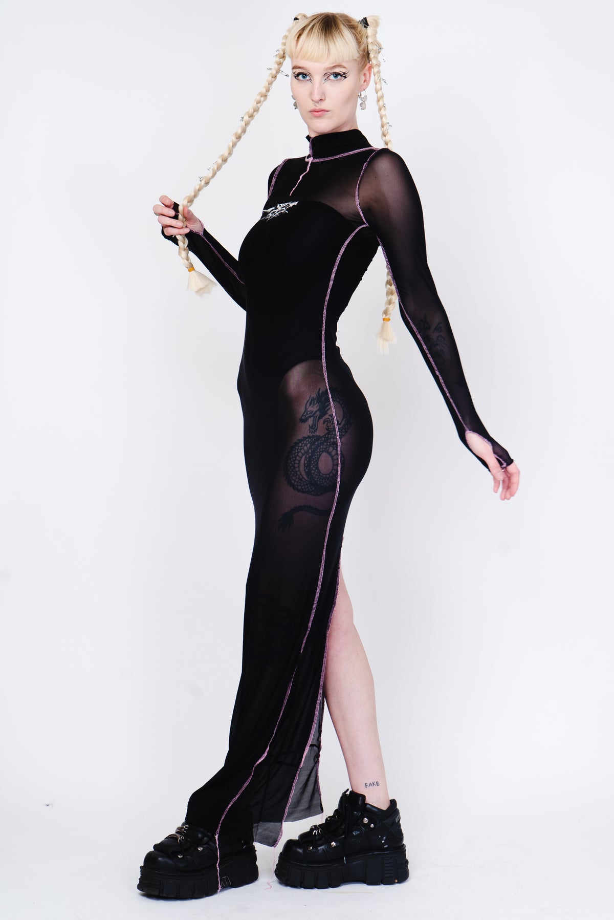 Black mesh see through floor length dress.