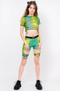 Neon green and blue tiger print see through mesh crop top.